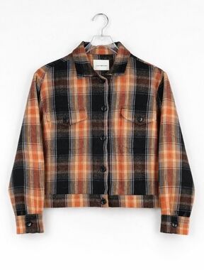 Lucky Brand Western Earth Tones Plaid Oversized Cropped Cotton Shacket Jacket